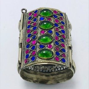 Single Golden Vintage Gyps Gypsy Cuff Bracelet, Boho Cuff With Big Glass Stones